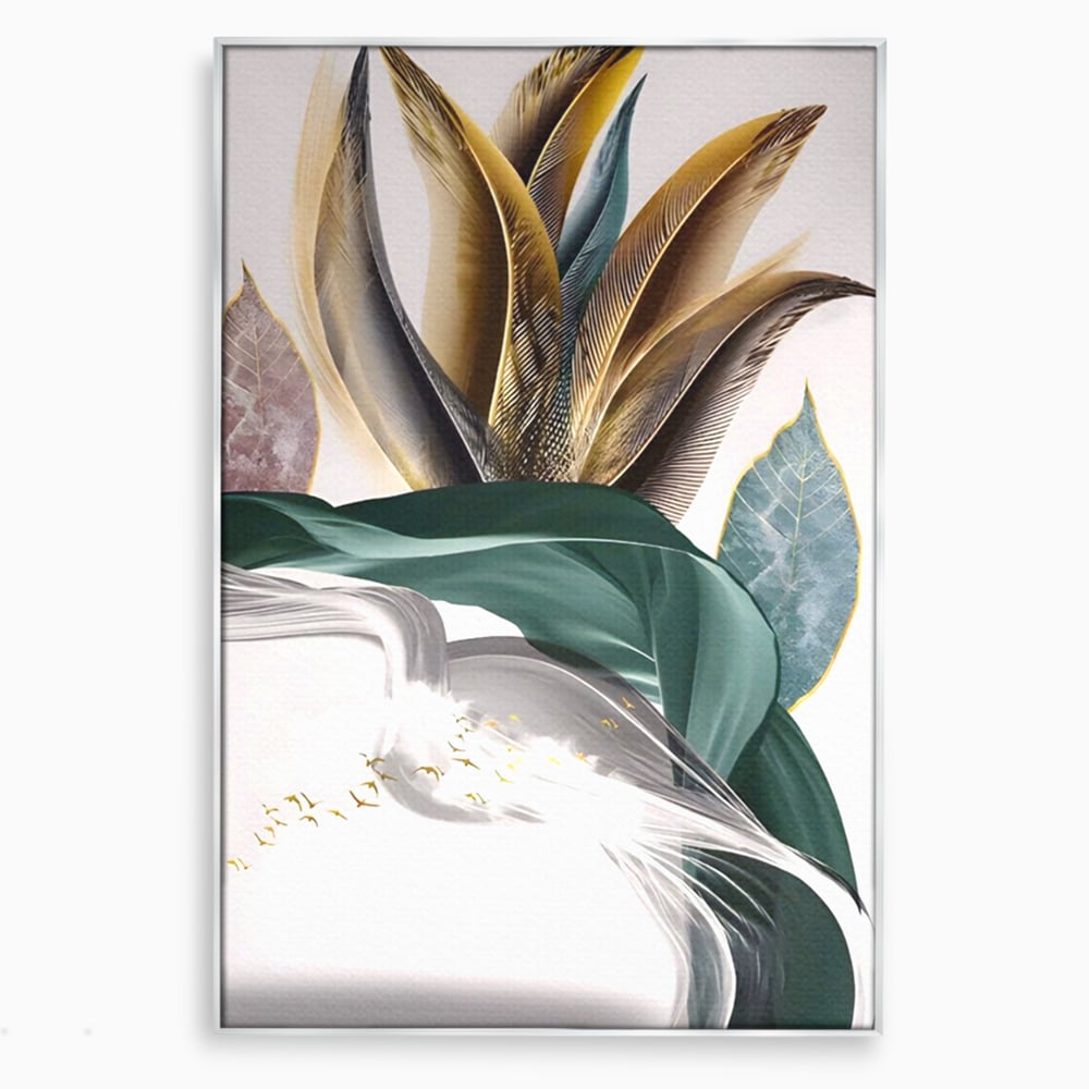 Tablou canvas cu tablou vertical cu pene si frunza, in rama de aluminiu argintiu
